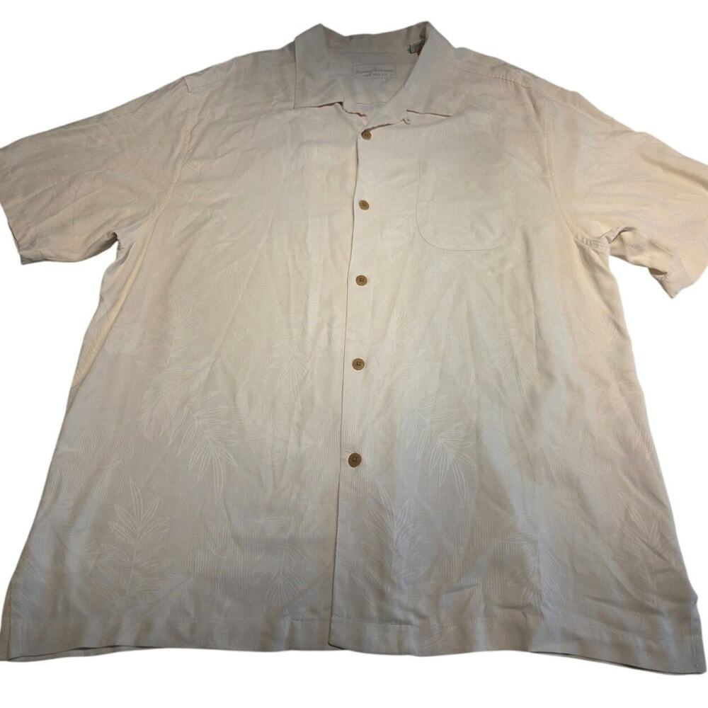 Tommy Bahama XL Silk Cream Button Up Casual Embroidered Leaves Mens Shirt
